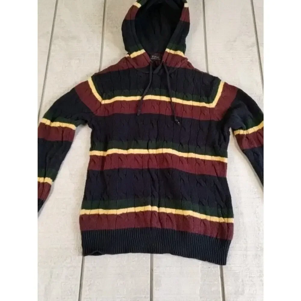 Polo Ralph Lauren St Andrews Rugby Cable Knit Hoodie Striped Sweater Men Size M